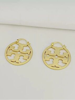 Tory Burch Gold Round Logo Cutout Hoop Earrings